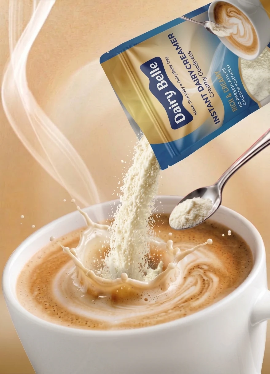 DairyBelle creamer being added to a warm cup