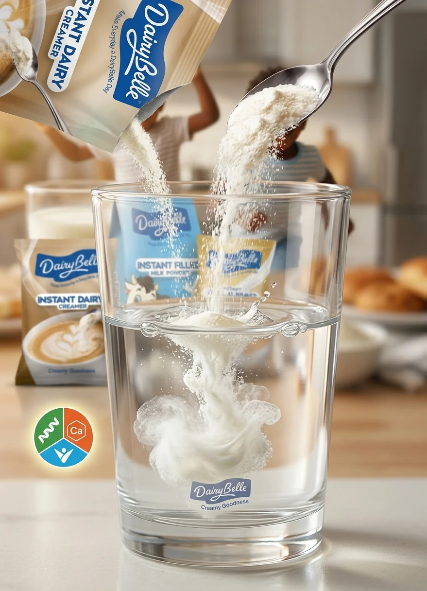 DairyBelle milk powder being prepared in a glass