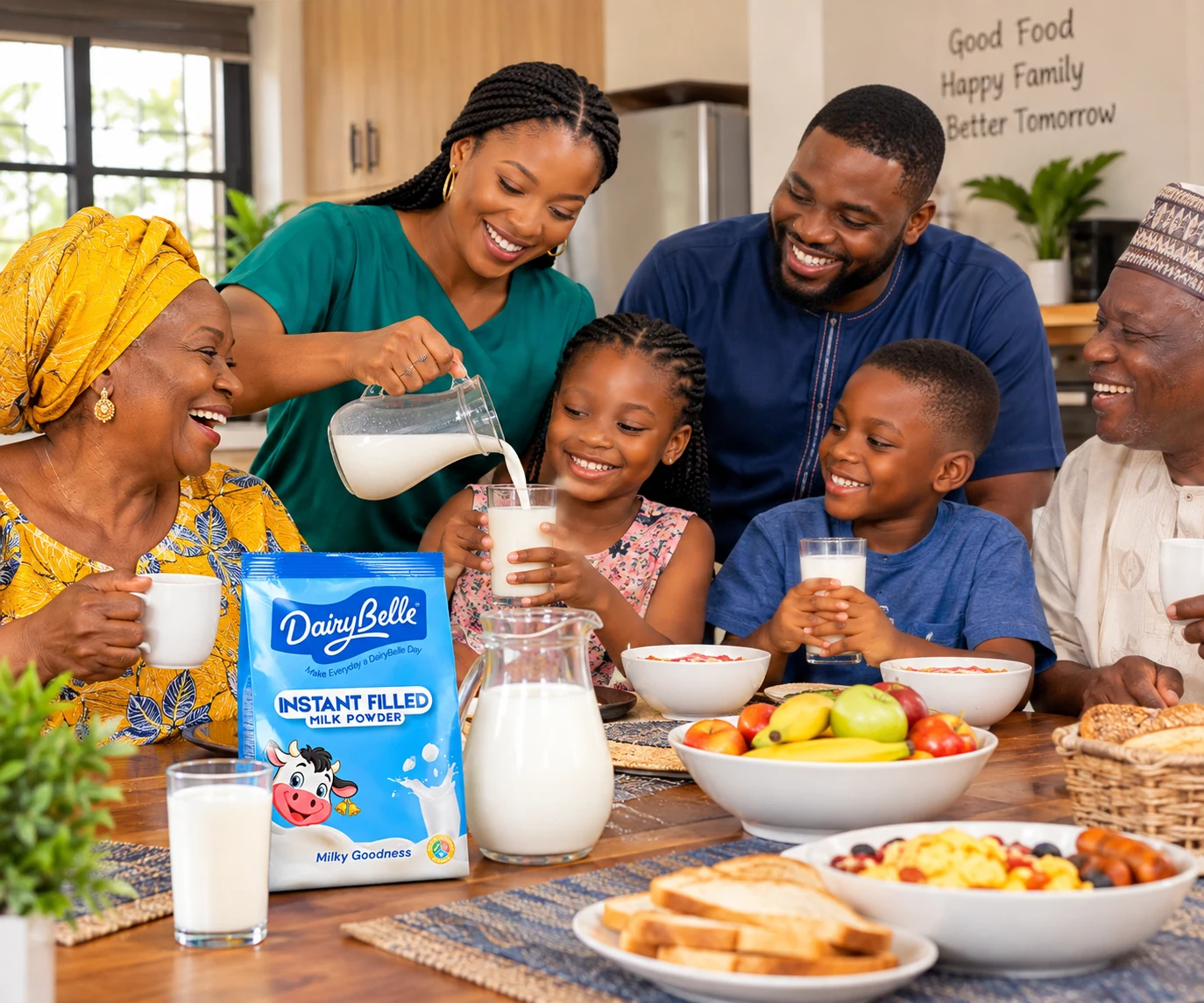 A Nigerian family enjoying DairyBelle together around the breakfast table
